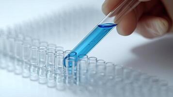 A hand holds a pipette, adding vibrant blue liquid into clear test tubes arranged neatly photo