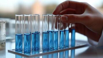 A focused individual prepares colorful solutions for an experiment in a lab photo