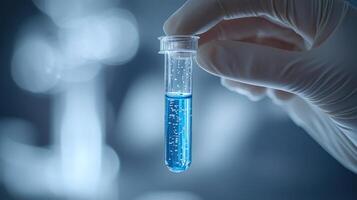 A gloved hand holds a test tube of vibrant blue liquid, embodying science photo