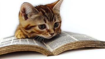 A playful kitten inspects an old book, engaging with its textured pages photo
