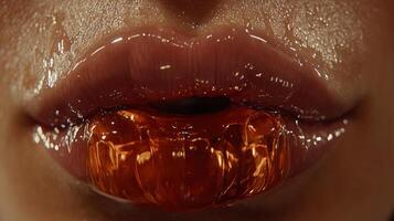 Glossy lips glisten as they hold a vibrant candy, creating a striking visual moment photo