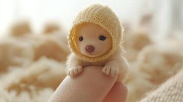 A small animal with a sweet expression rests gently on a fingertip, exuding warmth photo