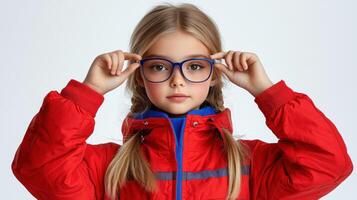 A stylish girl in a red jacket playfully adjusts her glasses with a cheerful expression photo