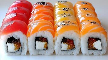 Assorted sushi rolls lined up neatly, featuring bright colors and unique textures photo