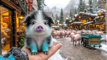 A charming piglet perches on a hand, surrounded by snow-covered scenery and fellow pigs photo