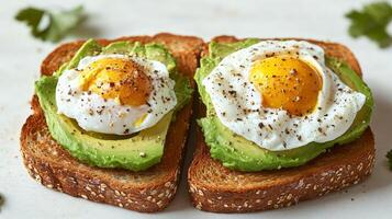 Avocado toast with perfectly fried eggs served on whole grain bread for a delicious breakfast delight photo