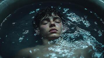 A serene moment of contemplation as a young man lies quietly in a tranquil water tub, lost in thought during late evening hours photo