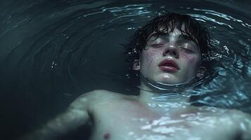 A young person floats serenely in a still, dark water, capturing a moment of reflection and tranquility at dusk photo