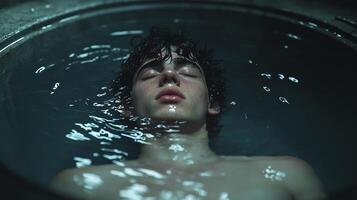 A tranquil moment of reflection as a young man floats in still water under soft light in a serene, secluded space photo