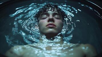 A young man immersed in tranquil water, reflecting serenity and introspection during a quiet moment of solitude photo