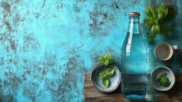 Refreshing glass bottle filled with water surrounded by basil leaves on vibrant teal backdrop photo