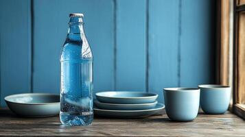 A tranquil kitchen corner with a blue bottle resting beside elegant dishware and cups, softly illuminated by morning light photo