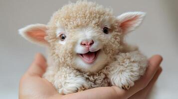 A joyful baby lamb rests in a gentle hand, radiating warmth and innocence in a tender moment of connection photo