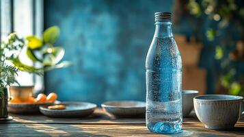 Refreshing still life featuring sparkling water bottle on a table with tasteful decor and vibrant plants during daylight photo