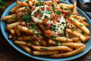 A delightful plate of golden fries topped with creamy sauce and crispy bacon, garnished with fresh parsley, perfect for any casual gathering photo