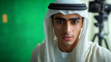 A young man in traditional Emirati attire poses confidently in front of a vibrant green backdrop during a creative photo shoot in the UAE