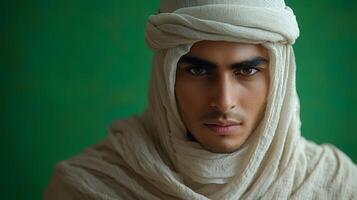 A young man dressed in traditional attire gazes thoughtfully against a vibrant green backdrop during a quiet afternoon photo