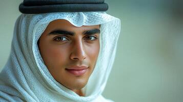 Young man in traditional Emirati attire gazes thoughtfully, showcasing cultural identity and heritage in a serene setting by the coast at sunset photo