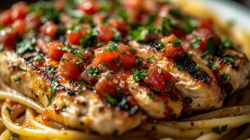 Grilled chicken topped with fresh salsa served over spaghetti for a delightful dinner experience at a cozy restaurant photo