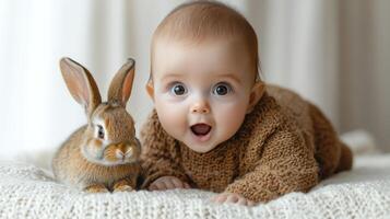 A joyful baby in a cozy sweater interacts with an adorable rabbit on a soft blanket, capturing a heartwarming moment of innocence and wonder photo