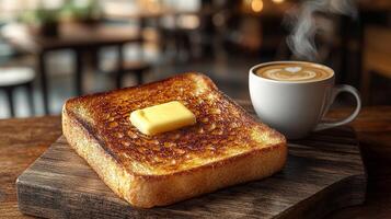Enjoying a warm slice of perfectly toasted bread with melting butter and a steaming cup of coffee in a cozy cafe setting photo