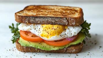 Freshly made breakfast sandwich with avocado, tomato, and poached egg on toasted whole grain bread, perfect for a morning boost photo