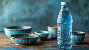 Refreshing bottled water surrounded by handcrafted ceramic bowls on a rustic wooden table in a cool, calm atmosphere photo
