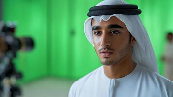 Young man in traditional attire engages in a media presentation against a green backdrop in a modern studio setting photo