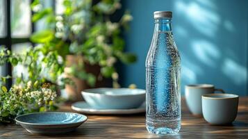A refreshing water bottle surrounded by elegant tableware and lush greenery in a cozy, sunlit dining area photo