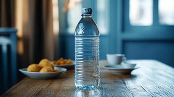 A serene morning table setting featuring a bottle of water surrounded by delicious snacks in a cozy, sunlit room photo
