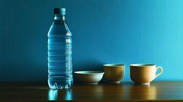 A serene arrangement of water bottle and cups on wooden table against a calming blue background in a cozy indoor setting photo