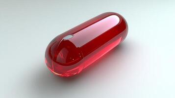A vivid red capsule glistens in bright light, showcasing its glossy surface, revealing the beauty of everyday pharmaceuticals in a minimalist setting photo