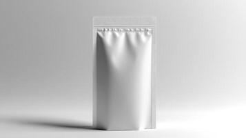 A sleek white packaging bag stands prominently against a soft gradient backdrop during a minimalistic presentation setup photo