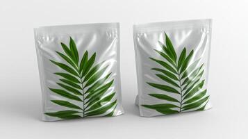 Two transparent packets containing fresh green leaves displayed on a minimalist background, capturing a sense of nature and purity photo