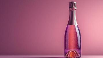 A stunning bottle of sparkling pink beverage glimmers elegantly against a soft purple background, inviting celebration and joy photo