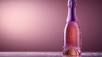 Sparkling pink beverage in an elegant bottle with frosty droplets on a softly lit purple surface during a festive celebration photo