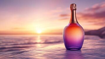 A stunning sunset by the shore with a sparkling purple champagne bottle catching the vibrant hues of evening light photo