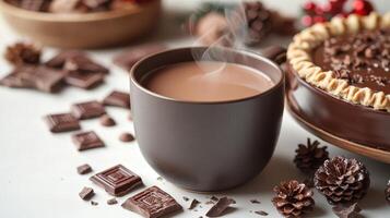 Hot chocolate surrounded by festive treats and decorations on a cozy table during winter celebration photo