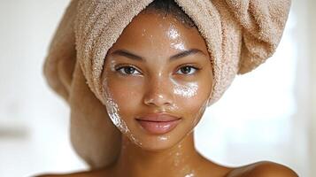 Natural skincare routine with refreshing facial mask in a serene bathroom setting during morning light photo