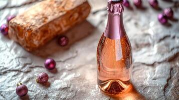 Celebratory toast with sparkling rose wine and festive decorations during an elegant evening gathering photo