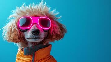 A stylish dog with vibrant pink sunglasses and a bright orange jacket poses against a bold blue background in a playful and fun setting photo