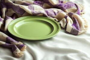 A serene moment with a green plate resting on a soft, patterned blanket in the morning light photo