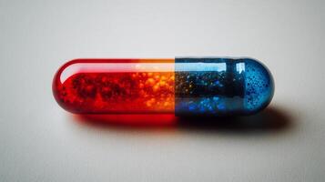 A vibrant capsule filled with colorful glitter, showcasing a blend of red and blue hues against a soft neutral background photo