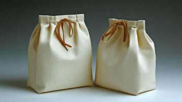 Two elegant fabric bags with drawstrings standing side by side on a smooth surface, showcasing simplicity and style in a minimalist setting photo