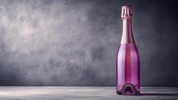 Elegant pink sparkling wine bottle on a textured surface, showcasing the beauty of a night at a chic gathering or celebration photo