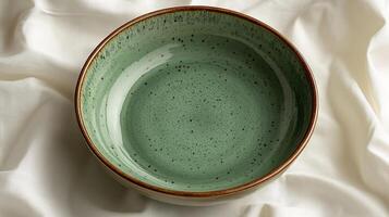 Beautiful handcrafted ceramic bowl with a green glaze resting elegantly on soft fabric in a serene setting photo