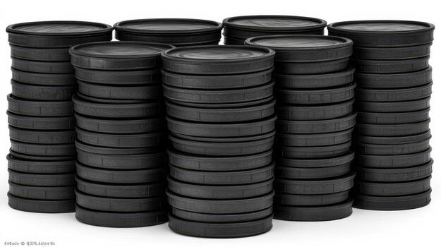 Stacks of black containers artfully arranged in a warehouse setting, highlighting a sense of order and industrial design photo