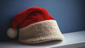 A cozy red and white Santa hat resting on a shelf against a blue wall, evoking holiday cheer and festive spirit in the warm winter afternoon photo