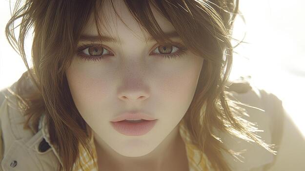 A captivating close-up of a young woman with striking features, soft sunlight illuminating her expression in an outdoor setting photo