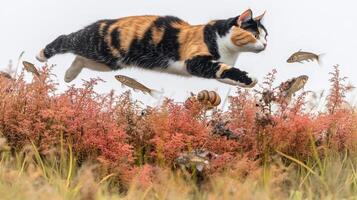 A playful cat leaps through colorful wildflowers as fish swim nearby in a whimsical display of nature's charm at dawn photo